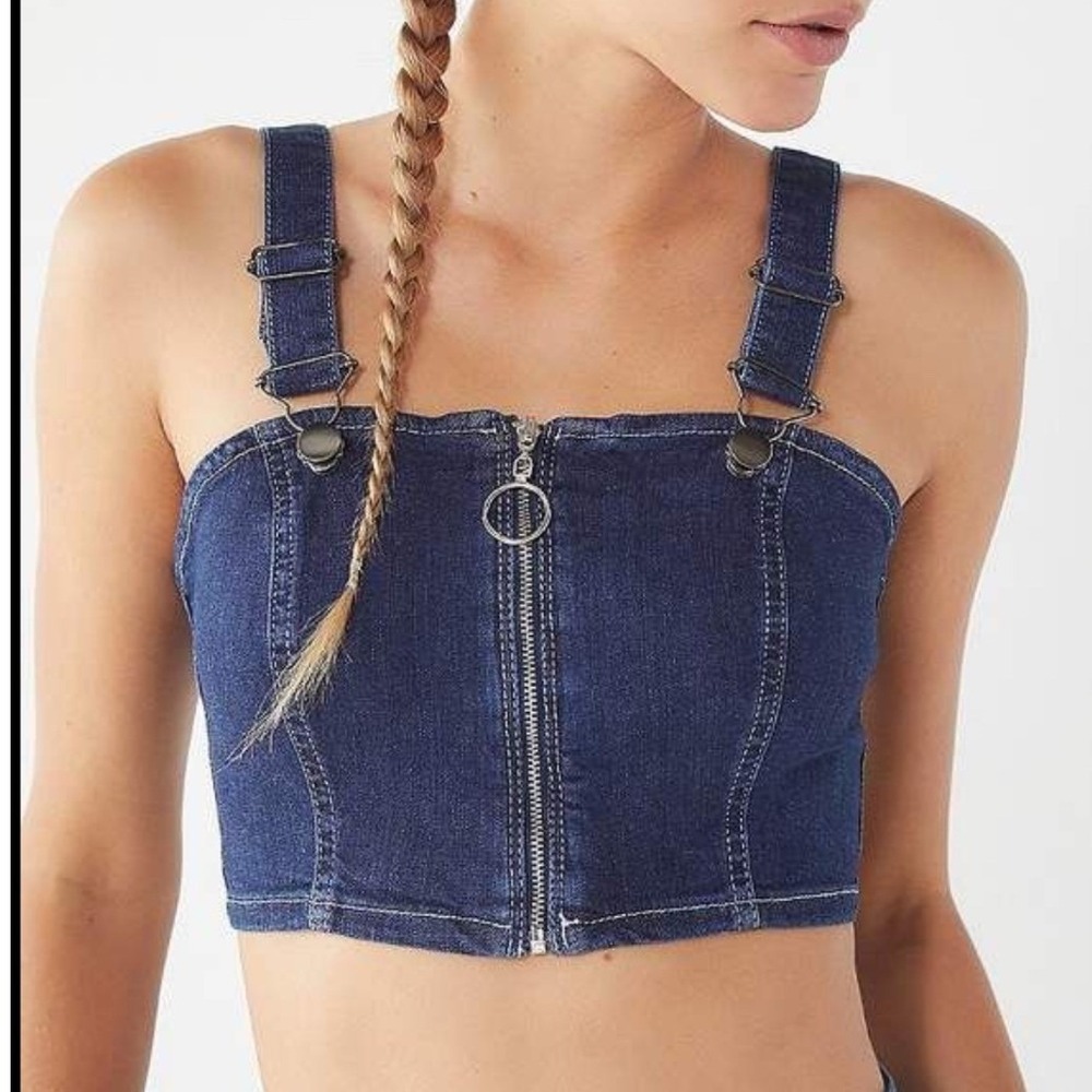 Urban Outfitters Max Zip-Front Denim Cropped Top Dark Wash Blue Small S-P